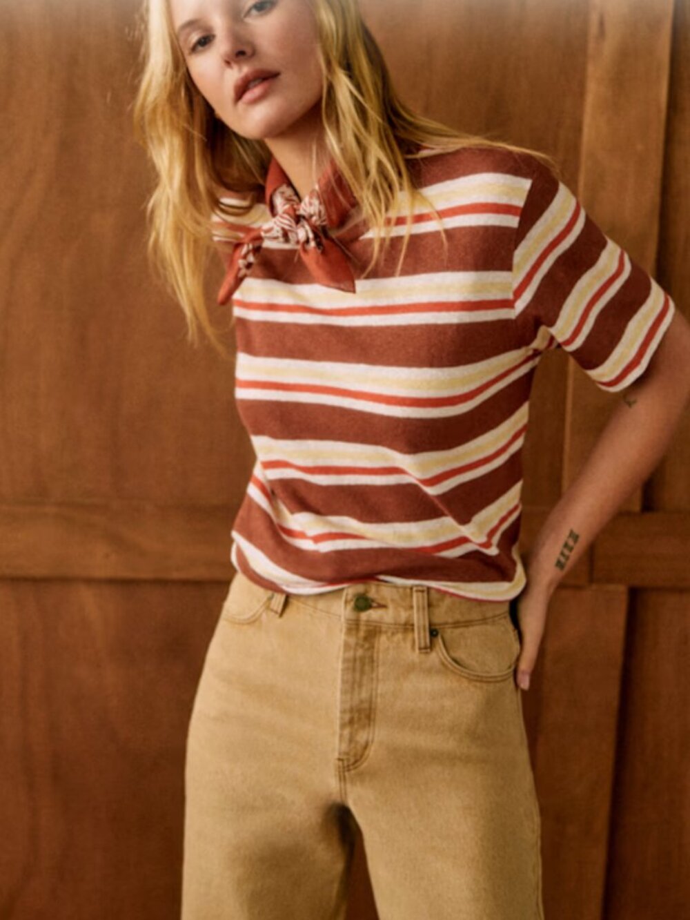 Sezane Martha linen/cotton stripe  brown/banana yellow Top/t-shirt Sz S